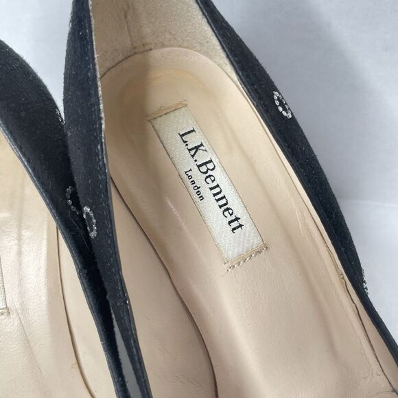 Black Suede Block Heel Pumps Size 6.5 | Retro Mod Polka Dot Party Shoes Sparkly - Picture 4 of 11